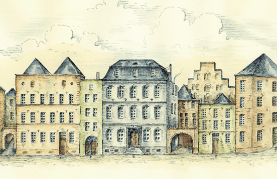 Federzeichnung des Heumarkts im Jahre 1840. Hier entsteht das Brauhaus Brauerei zur Malzmühle